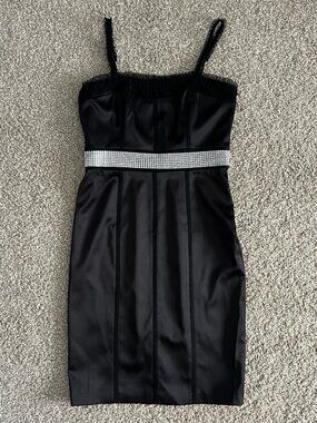 Black Satin Ruffle Trim Cocktail Dress Sheath LBD White House Black Market Sz 4